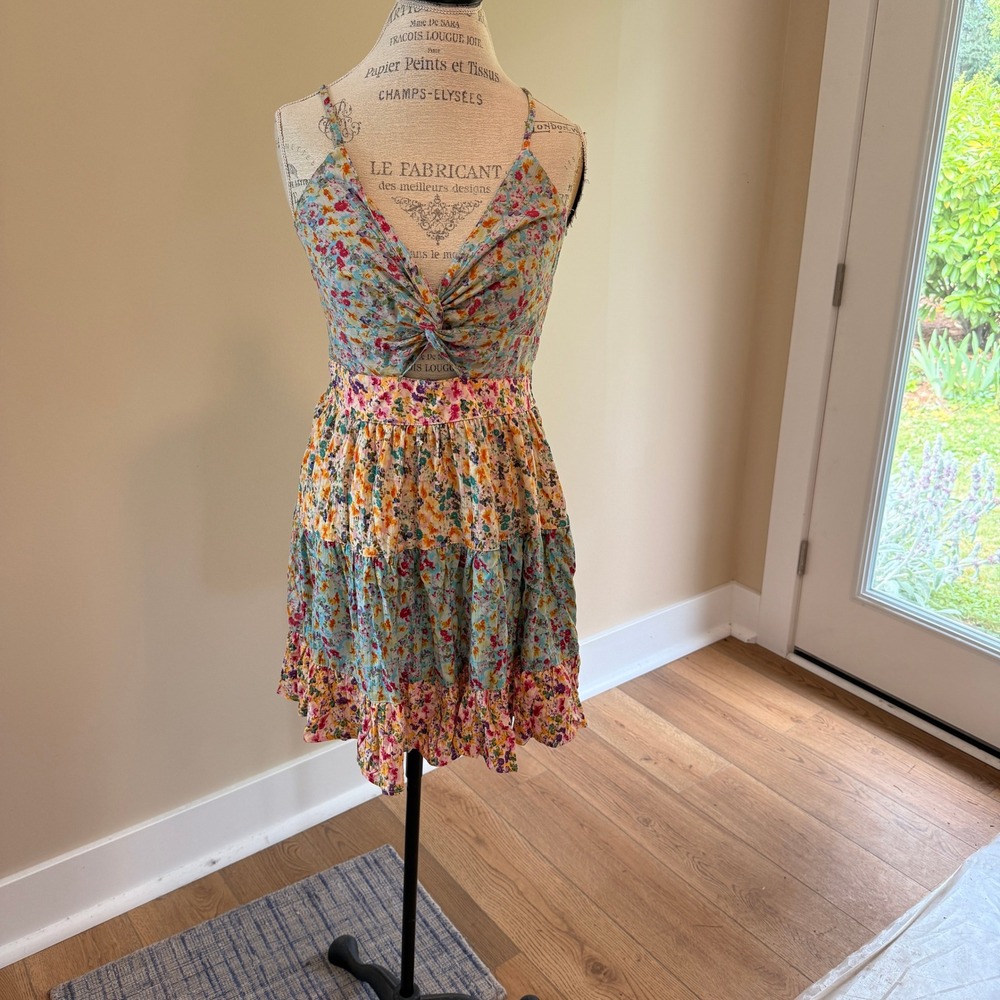 Angie Women's Blue/Pink Floral Flirty Dress with Keyhole Bodice Size L
